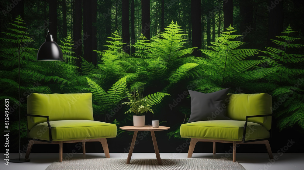 a realistic inspired living room mockup in a forest, ai generated image