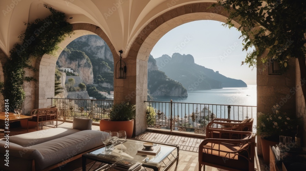Luxurious villa nestled along the breathtaking Amalfi Coast of Italy, with panoramic views of the sparkling Mediterranean Sea and cliffside terraces - obrazy, fototapety, plakaty 