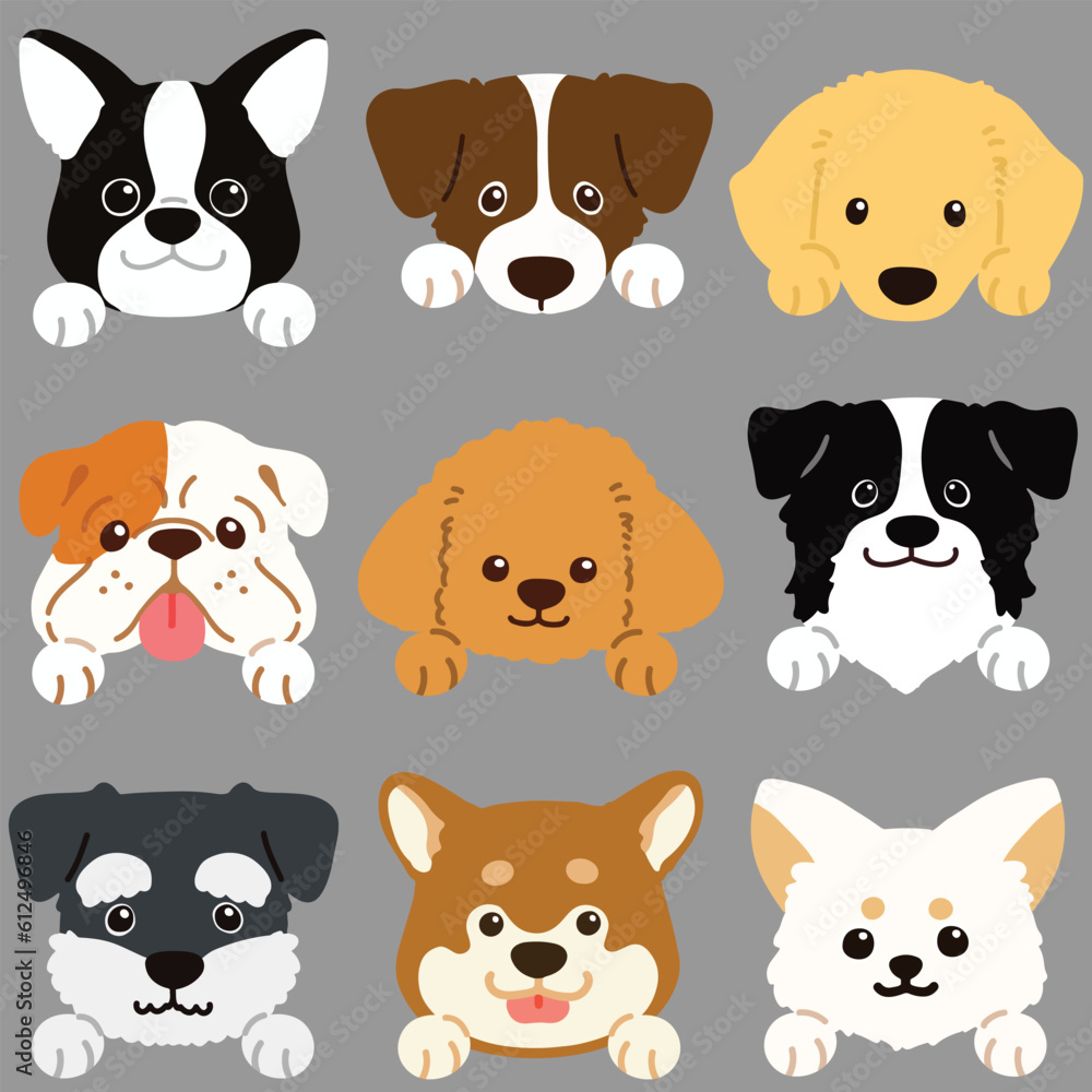 Set of flat colored dog face illustrations with paws
