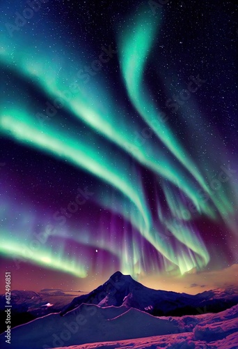 Vertical illustration of hills under a starry sky with Northern lights