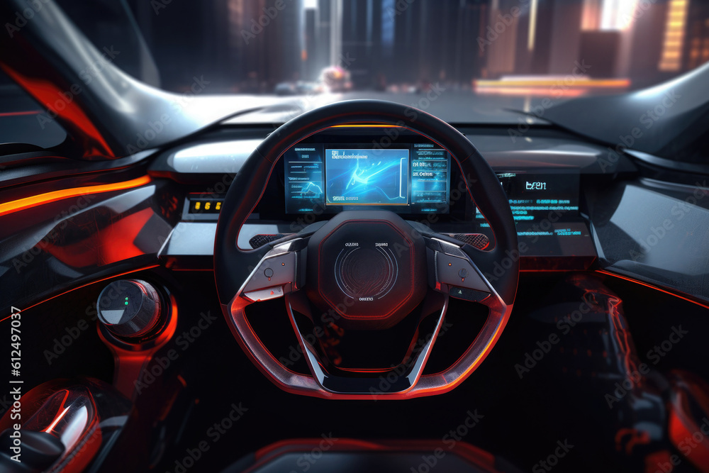 Futuristic interior of luxury car. Car cockpit with digital dashboard without driver. Created with Generative AI Futuristic interior of luxury car. Car cockpit with digital dashboard without driver. Created with Generative AI