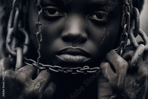 Male prisoner in chain. Slavery concept. Victim chained in captivity. Child trafficking Created with Generative AI