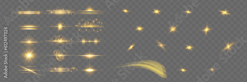 Glow isolated white transparent light effect set, lens flare, explosion, glitter, line, sun flash, spark and stars. Abstract special effect element design