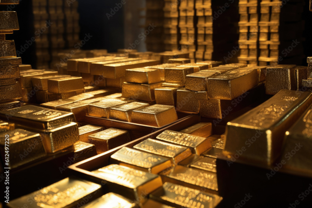 Stack of gold bars in vault. Finance and economics concept. Created with Generative AI Stack of gold bars in vault. Finance and economics concept. Created with Generative AI