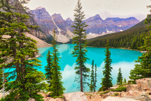 Cerulean Blue waters of the magnificient Moraine Lake near Banff in the Canada Rockies