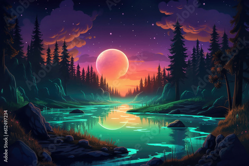 Fantasy landscape with magic forest at night. Fairy tale magic world. Nature background. Created with Generative AI