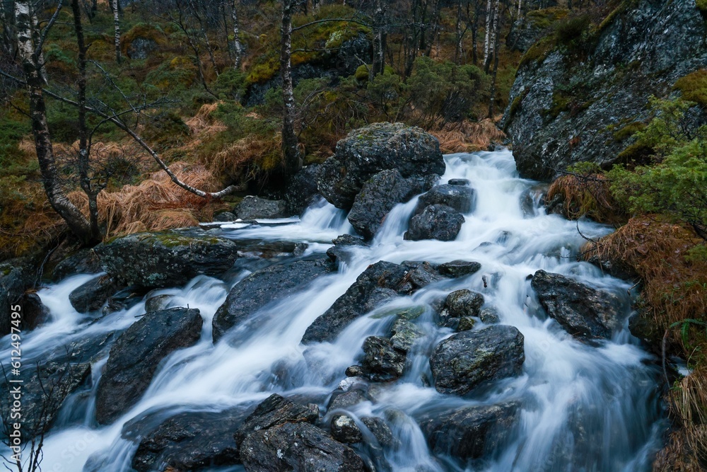 Long exposure of water flowing downhill through rugged rocks in a picturesque deep forest Long exposure of water flowing downhill through rugged rocks in a picturesque deep forest