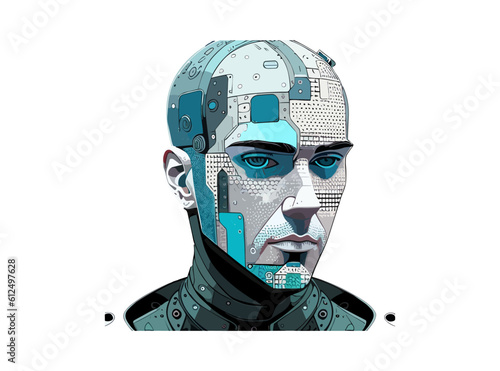 AI or artificial intelligence in image robot head hover over podium in virtual cyberspace. Humanoid face of mechanical cyborg with electronic brain or mind. Neural network or supercomputer on pedestal