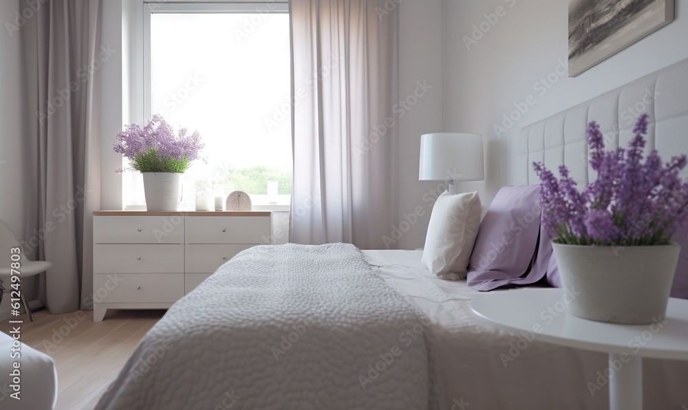 a bedroom with a white bed and a white table with a vase of flowers on top of it and a white chair in front of the bed. generative ai a bedroom with a white bed and a white table with a vase of flowers on top of it and a white chair in front of the bed. generative ai