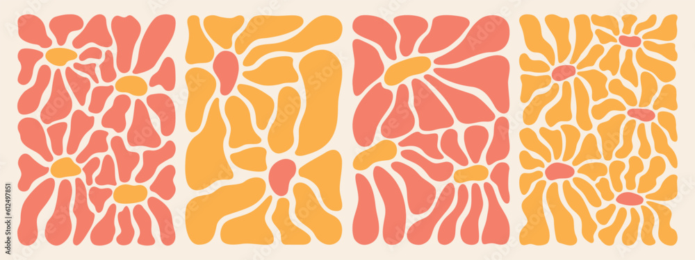 Groovy abstract flower poster set. Organic doodle shapes Matisse style, contemporary background. Floral botanic vector art Groovy abstract flower poster set. Organic doodle shapes Matisse style, contemporary background. Floral botanic vector art