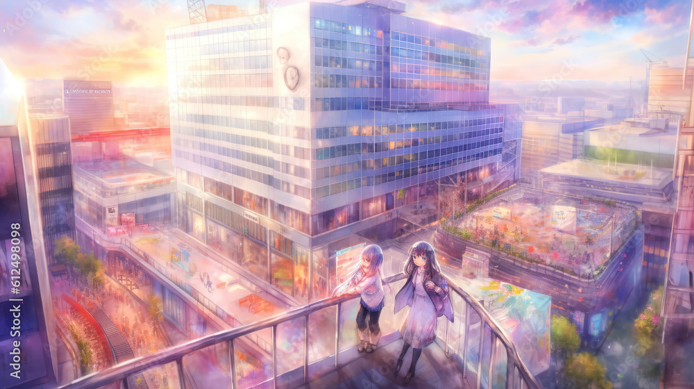 an anime aerial view illustration with two people watching the town, ai generated image an anime aerial view illustration with two people watching the town, ai generated image