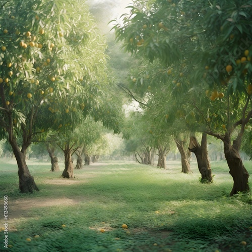 Ripe Mango tropical fruit hanging on tree with rustic wooden table and sunset at organic farm ,Generative AI