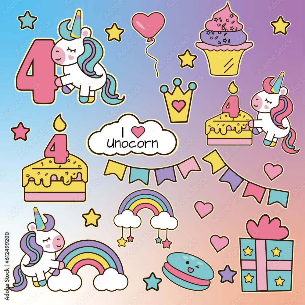 Fototapeta premium Cute magical unicorn birthday stickers with cake. 10+ stickers. Vector illustration. Ready to print