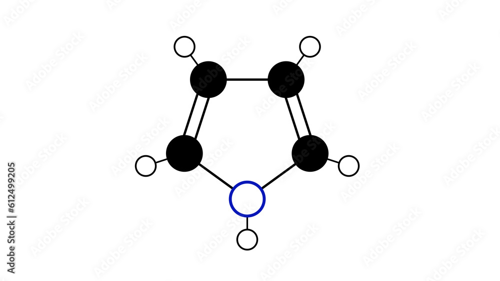 pyrrole molecule, structural chemical formula, ball-and-stick model, isolated image heterocyclic aromatic compound pyrrole molecule, structural chemical formula, ball-and-stick model, isolated image heterocyclic aromatic compound