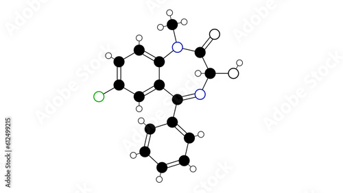 temazepam molecule, structural chemical formula, ball-and-stick model, isolated image benzodiazepine