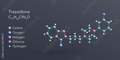 trazodone molecule 3d rendering, flat molecular structure with chemical formula and atoms color coding photo
