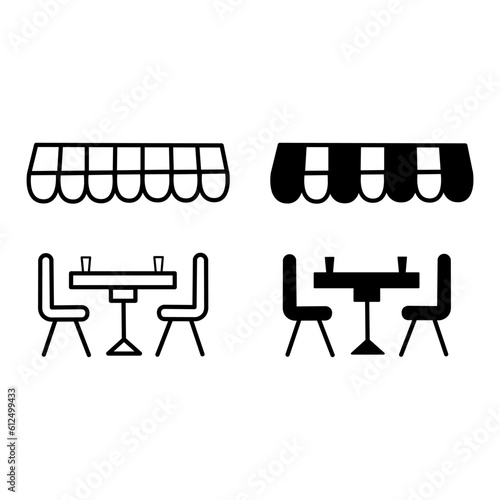 Black and White Street Cafe Icons. Vector Illustration of Table and Chairs in a Summer Restaurant. Leisure and tourism concept
