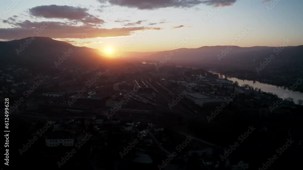 Aerial drone shot of Drammen at sunrise in Norway in winter Aerial drone shot of Drammen at sunrise in Norway in winter