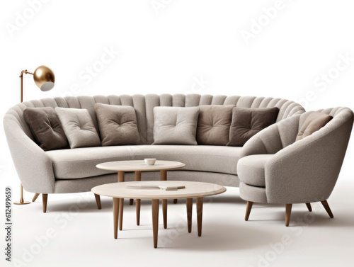 Luxury curved designer sofa, beige, brown, cream, velvet, png, transparent background 