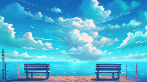 an anime landscape illustration of a beautiful ocean view from two benches, ai generated image
