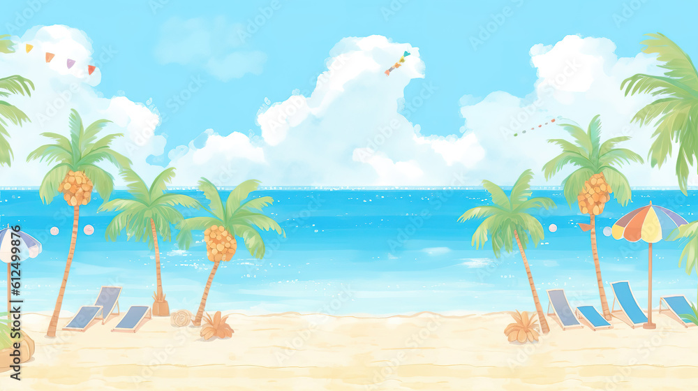 a cartoon inspired beach scene with palms, ai generated image