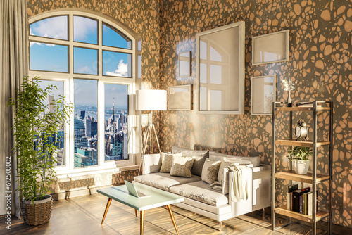 luxurious loft apartment with arched window and panoramic view over urban downtown; noble interior living room design mock up; 3D Illustration photo