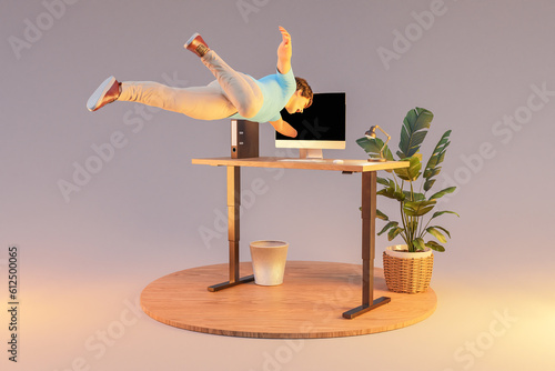 businessman floating in air gets sucked into pc display; surreal stress immersion and virtual reality concept; isolated desk on infinite background; 3D Illustration