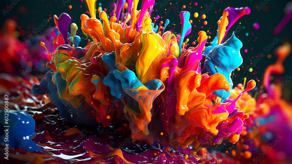 Beautiful abstraction of bright mixed colors of paints and splashes on a dark background.