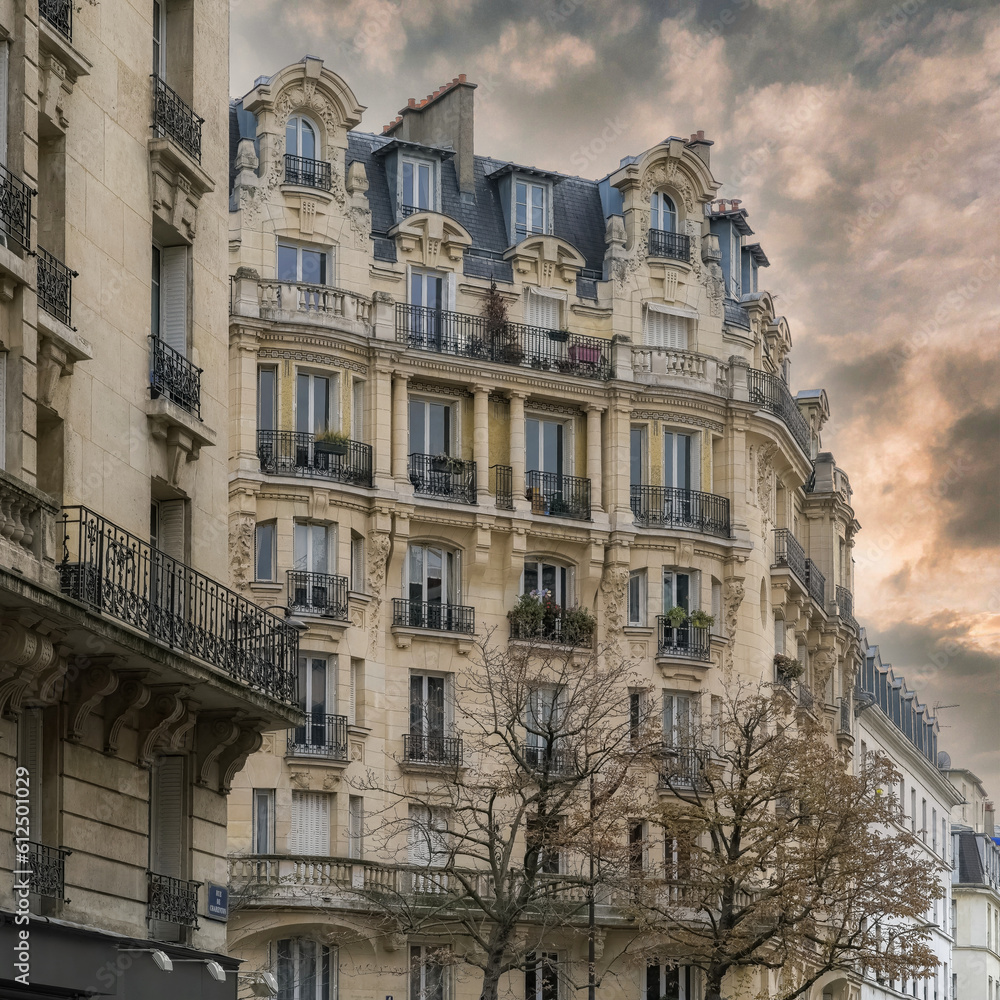 Paris, ancient buildings avenue Daumesnil, typical facades and windows
