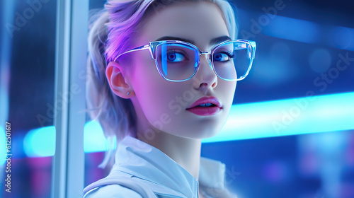 Women wearing eyeglasses futuristic neon fancy glamour beautiful cool eyewear accessories sunglasses Generative AI