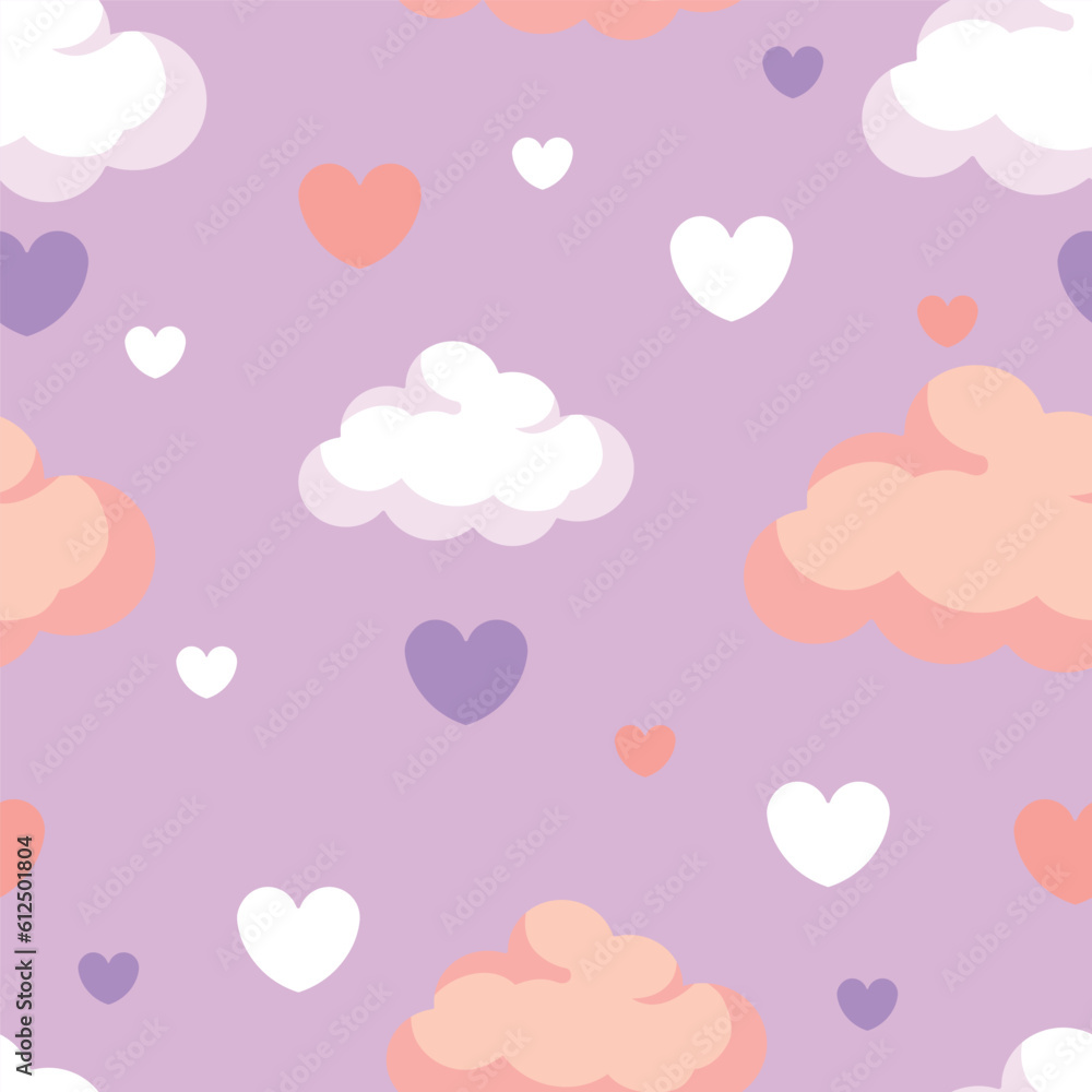 Colorful clouds and hearts on purple background. Pattern for design