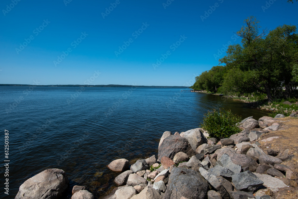Sunny summer views of Roxen Lake from Ekängen (Linköping)