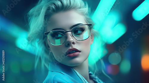 Women wearing eyeglasses futuristic neon fancy glamour beautiful cool eyewear accessories sunglasses Generative AI