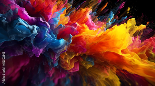 Beautiful abstraction of bright mixed colors of paints and splashes on a dark background.