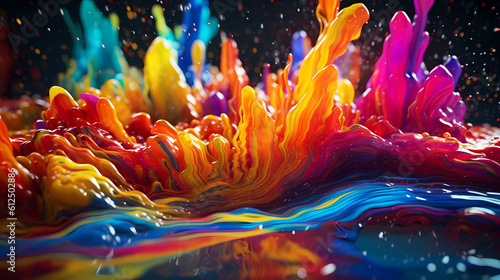 Beautiful abstraction of bright mixed colors of paints and splashes on a dark background.
