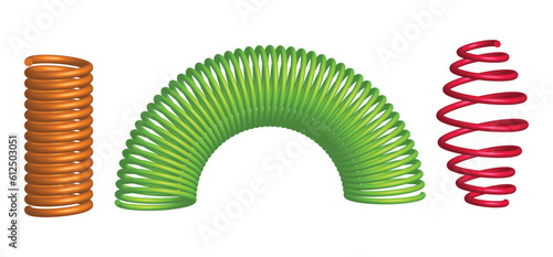 set coil spring twisted, metal industrial coil isolated. 3d rendering