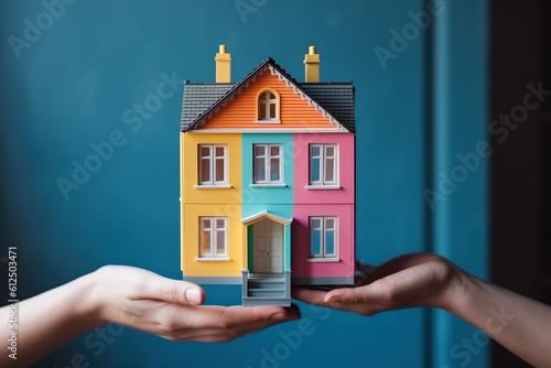 Small house model in human hands on blue background, mortgage and home protection concept, AI Generated