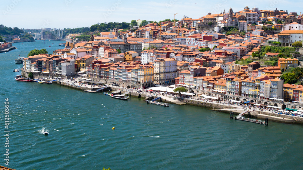 Top view of the Douro river and the coast of the old city of Porto, Portugal.