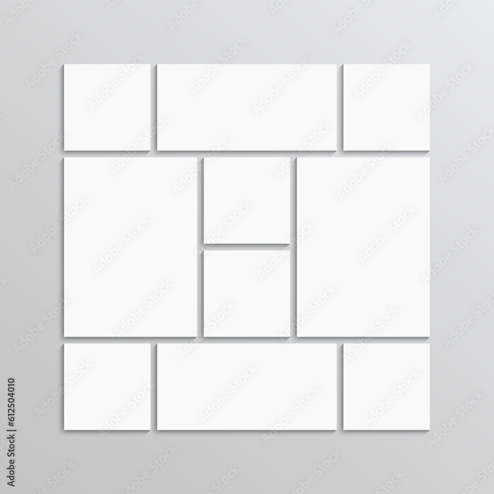 Mosaic pictures layout. Empty photo grid. Portfolio scrapbook template. Moodboard collage. Retro album brandboard. Gallery banner. Mood board frame. Images background. Vector illustration Mosaic pictures layout. Empty photo grid. Portfolio scrapbook template. Moodboard collage. Retro album brandboard. Gallery banner. Mood board frame. Images background. Vector illustration