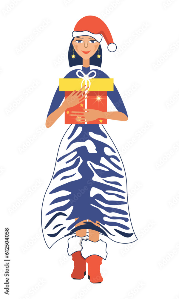 Pretty girl in Santa Claus hat. Cartoon girl holding a gift box in her hands.Girl in a tiger print dress.