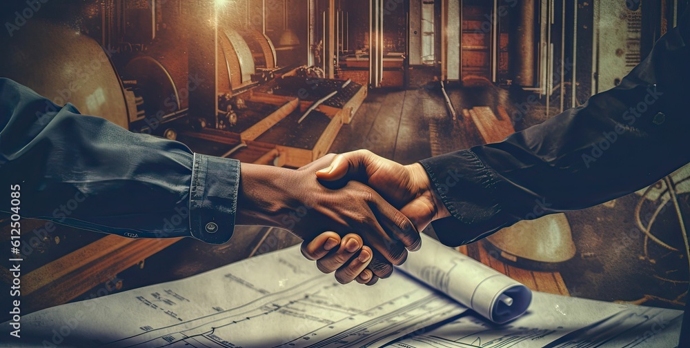 handshake of men in the construction industry, engineers shaking hands, completing a successful business partnership deal, rendered with Generative AI