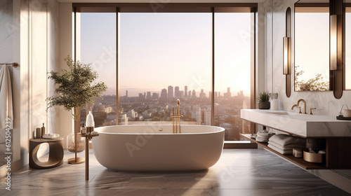A luxurious and modern bathroom featuring sleek marble countertops, a freestanding bathtub, and panoramic windows overlooking a stunning cityscape Generative AI © Наталья Евтехова