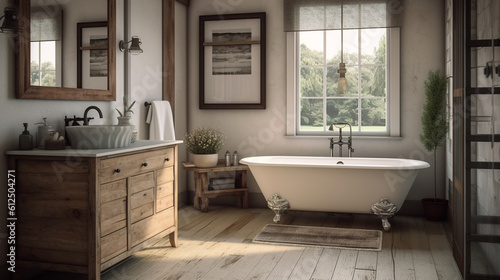 A modern farmhouse bathroom with a rustic touch, showcasing a clawfoot bathtub, a weathered wood vanity, and vintage-inspired fixtures Generative AI