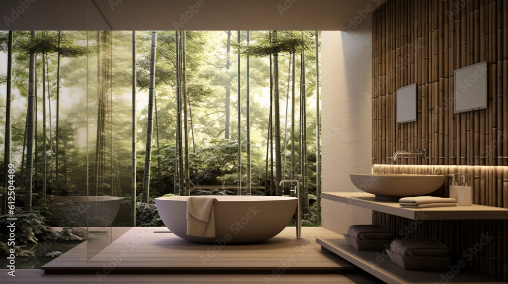 A Zen-inspired bathroom with a soothing ambiance, featuring a Japanese soaking tub, bamboo accents, and a Zen garden view through a floor-to-ceiling window Generative AI