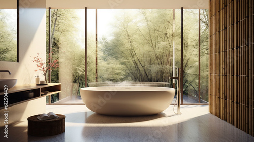 A Zen-inspired bathroom with a soothing ambiance  featuring a Japanese soaking tub  bamboo accents  and a Zen garden view through a floor-to-ceiling window Generative AI