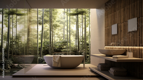 A Zen-inspired bathroom with a soothing ambiance, featuring a Japanese soaking tub, bamboo accents, and a Zen garden view through a floor-to-ceiling window Generative AI © Наталья Евтехова