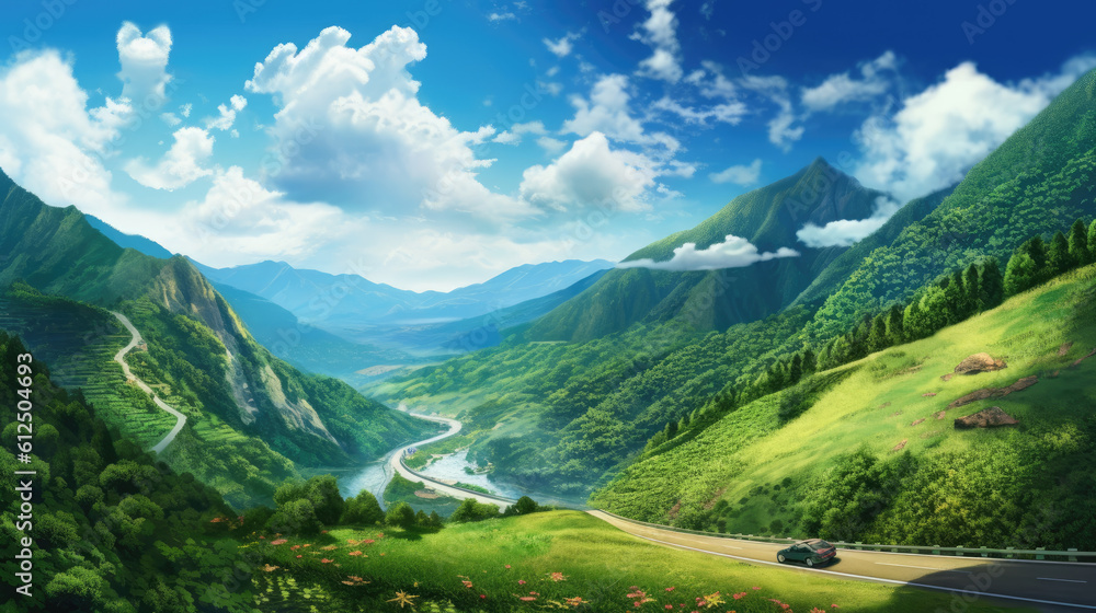 swiss mountains landscape view clouds road by AI