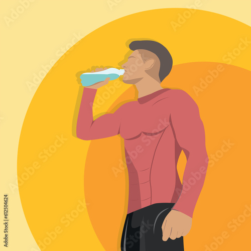 person Athletic runner man, athlete drinking water after running jogging outside sunny, hot weather and thirst vector	