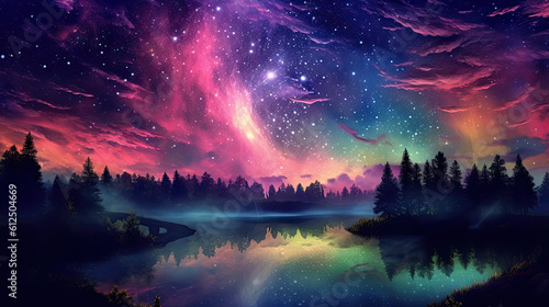 View of mountain and colorful background with stars by AI