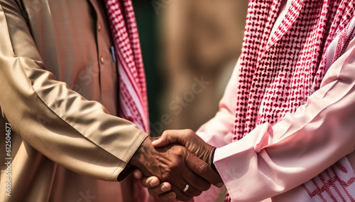 two saudi arab men shaking hands outdoors